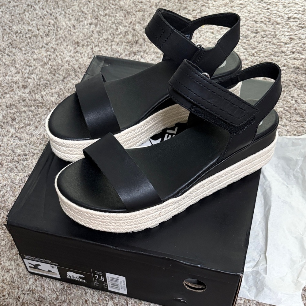NEW Sorel Cameron Black Platform Espadrille Sandals with Ankle Strap - 7.5